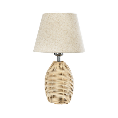 GloboStar® HASUMI 01956 Boho Επιτραπέζιο Φωτιστικό Πορτατίφ Μονόφωτο 1 x E27 AC220-240V IP20 - Φ23 x Υ40cm - Μπεζ Ξύλινο Ρατάν Πλέγμα με Μπεζ Καπέλο