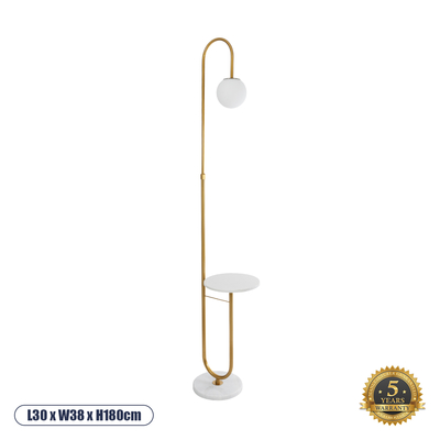 GloboStar® CORDELIA 02025 Μοντέρνο Επιδαπέδιο Φωτιστικό Μονόφωτο 1 x E27 IP20 Χρυσό Αλουμίνιο, Λευκό Γυαλί με Λευκό Μάρμαρο - Μ30 x Π38 x Υ180cm