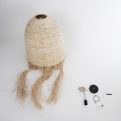 GloboStar® AREMBEPE 02179 Boho Κρεμαστό Φωτιστικό Πλέγμα Μονόφωτο 1 x E27 IP20 Μπεζ Ράφια - Μ60 x Π60 x Υ130cm