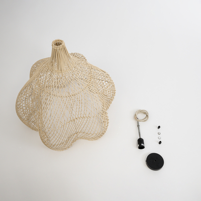 GloboStar® ADEJE 02210 Boho Κρεμαστό Φωτιστικό Πλέγμα Μονόφωτο 1 x E27 IP20 Μπεζ Ξύλο - Μ60 x Π60 x Υ60cm