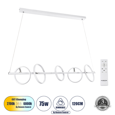 GloboStar® CIRCOLARE 61320 Κρεμαστό Φωτιστικό Οροφής Design LED CCT 75W 8400lm 360° AC 220-240V - Εναλλαγή Φωτισμού μέσω Τηλεχειριστηρίου All In One Ψυχρό 6000k+Φυσικό 4500k+Θερμό 2700k Dimmable Μ120 x Π25 x Υ25cm - Λευκό - 3 Χρόνια Εγγύηση