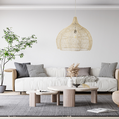 GloboStar® ADEJE 02210 Boho Κρεμαστό Φωτιστικό Πλέγμα Μονόφωτο 1 x E27 IP20 Μπεζ Ξύλο - Μ60 x Π60 x Υ60cm