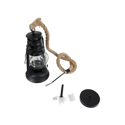 GloboStar® BARBAROSSA 01704 Vintage Κρεμαστό Φωτιστικό Ανάρτηση Μονόφωτο 1 x E27 IP20 Μαύρο Μέταλλο, Διάφανο Γυαλί με Μπεζ Σχοινί - Μ18 x Π18 x Υ28cm