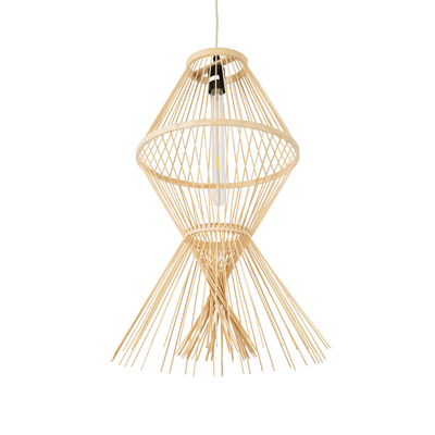 GloboStar® YOSHI 01928 Boho Κρεμαστό Φωτιστικό Πλέγμα Μονόφωτο 1 x E27 IP20 Μπεζ Ξύλο - Μ35 x Π35 x Υ60cm