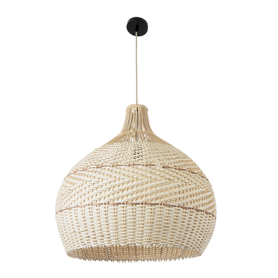 GloboStar® SANTACRUZ 01951 Boho Κρεμαστό Φωτιστικό Καμπάνα Μονόφωτο 1 x E27 IP20 Μπεζ & Καφέ Ξύλο - Μ60 x Π60 x Υ60cm