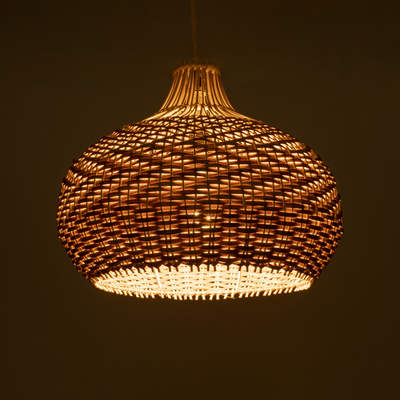 GloboStar® PANAMA 01952 Boho Κρεμαστό Φωτιστικό Καμπάνα Μονόφωτο 1 x E27 IP20 Καφέ & Μπεζ Ξύλο - Μ40 x Π40 x Υ34cm