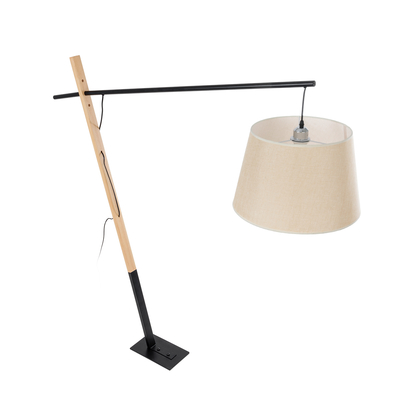 GloboStar® KELSIE 02030 Μοντέρνο Επιδαπέδιο Φωτιστικό Μονόφωτο 1 x E27 IP20 Μαύρο Μέταλλο, Μπεζ Ύφασμα με Μπεζ Ξύλο - Μ40 x Π125 x Υ140cm