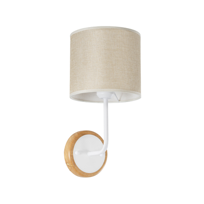 GloboStar® MANU 02044 Μοντέρνο Επιτοίχιο Φωτιστικό Απλίκα Μονόφωτο 1 x E27 IP20 Λευκό Μέταλλο, Μπεζ Ξύλο με Μπεζ Ύφασμα - Μ18 x Π20 x Υ37cm