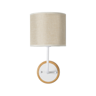 GloboStar® MANU 02044 Μοντέρνο Επιτοίχιο Φωτιστικό Απλίκα Μονόφωτο 1 x E27 IP20 Λευκό Μέταλλο, Μπεζ Ξύλο με Μπεζ Ύφασμα - Μ18 x Π20 x Υ37cm
