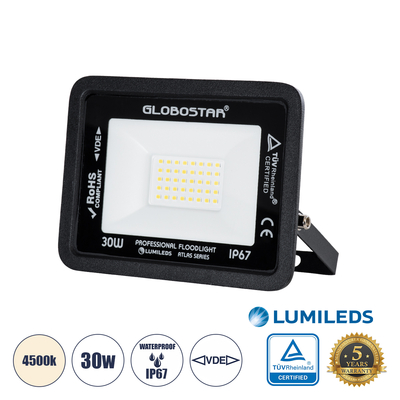 GloboStar® ATLAS 61417 Επαγγελματικός Προβολέας LED 30W 3600lm 120° AC 220-240V - Αδιάβροχος IP67 - Μ16 x Π2.5 x Υ12.5cm - Μαύρο - Φυσικό Λευκό 4500K - LUMILEDS Chips - TÜV Rheinland Certified - 5 Years Warranty