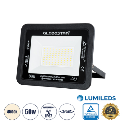 GloboStar® ATLAS 61423 Επαγγελματικός Προβολέας LED 50W 6000lm 120° AC 220-240V - Αδιάβροχος IP67 - Μ21 x Π3.5 x Υ16cm - Μαύρο - Φυσικό Λευκό 4500K - LUMILEDS Chips - TÜV Rheinland Certified - 5 Years Warranty
