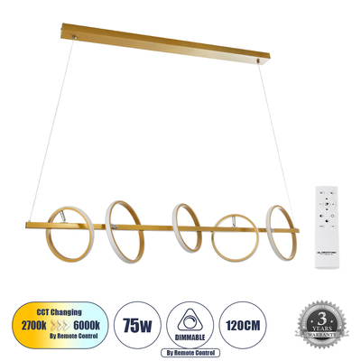 GloboStar® CIRCOLARE 61322 Κρεμαστό Φωτιστικό Οροφής Design LED CCT 75W 8400lm 360° AC 220-240V - Εναλλαγή Φωτισμού μέσω Τηλεχειριστηρίου All In One Ψυχρό 6000k+Φυσικό 4500k+Θερμό 2700k Dimmable Μ120 x Π25 x Υ25cm - Χρυσό - 3 Χρόνια Εγγύηση