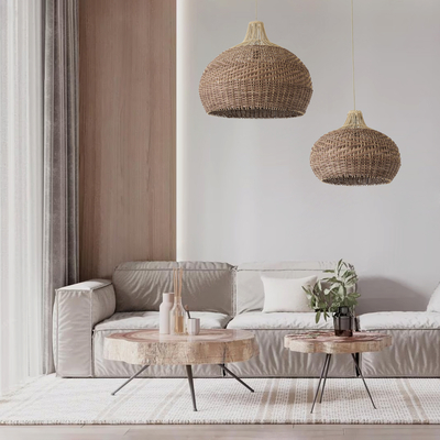 GloboStar® PANAMA 01953 Boho Κρεμαστό Φωτιστικό Καμπάνα Μονόφωτο 1 x E27 IP20 Καφέ & Μπεζ Ξύλο - Μ60 x Π60 x Υ60cm