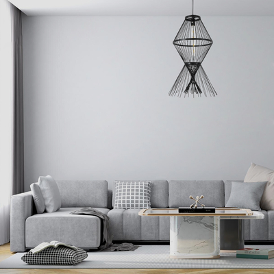 GloboStar® YOSHI 01929 Boho Κρεμαστό Φωτιστικό Πλέγμα Μονόφωτο 1 x E27 IP20 Μαύρο Ξύλο - Μ35 x Π35 x Υ60cm