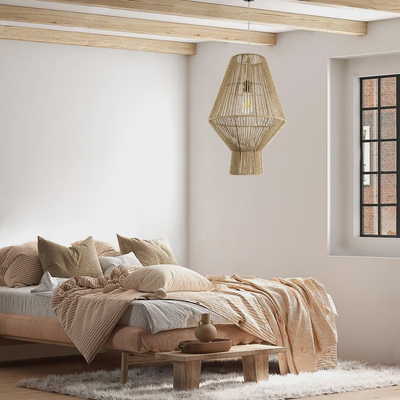 GloboStar® CAYMAN 01853 Boho Κρεμαστό Φωτιστικό Πλέγμα Μονόφωτο 1 x E27 IP20 Μπεζ Σχοινί - Μ40 x Π40 x Υ60cm