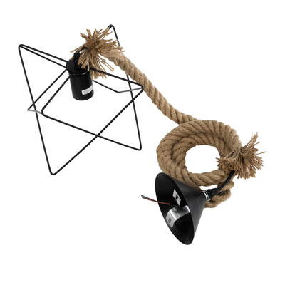 GloboStar® KAZEMI 02018 Μοντέρνο Κρεμαστό Φωτιστικό Πλέγμα Μονόφωτο 1 x E27 IP20 Μαύρο Μέταλλο με Μπεζ Σχοινί - Μ18 x Π18 x Υ17cm