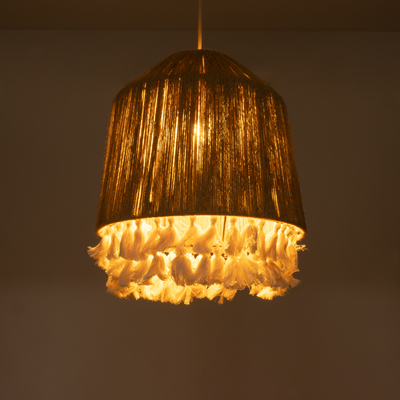 GloboStar® PUERTORICO 02092 Boho Κρεμαστό Φωτιστικό Καμπάνα Μονόφωτο 1 x E27 IP20 Μπεζ & Λευκό Σχοινί - Μ40 x Π40 x Υ45cm