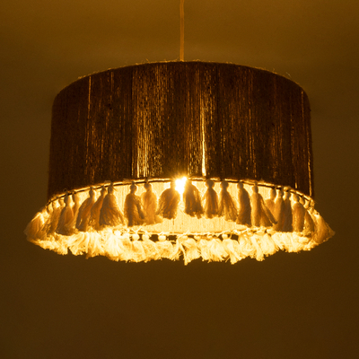 GloboStar® PUERTORICO 02094 Boho Κρεμαστό Φωτιστικό Καπέλο Μονόφωτο 1 x E27 IP20 Μπεζ & Λευκό Σχοινί - Μ50 x Π50 x Υ27cm