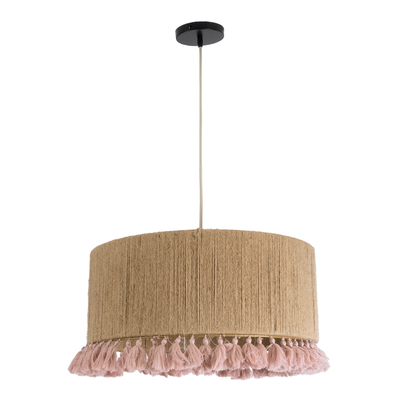 GloboStar® PUERTORICO 02096 Boho Κρεμαστό Φωτιστικό Καπέλο Μονόφωτο 1 x E27 IP20 Μπεζ & Ροζ Σχοινί - Μ50 x Π50 x Υ27cm