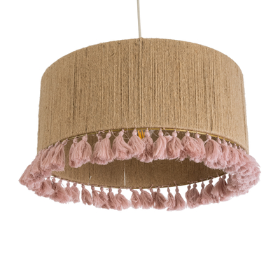 GloboStar® PUERTORICO 02096 Boho Κρεμαστό Φωτιστικό Καπέλο Μονόφωτο 1 x E27 IP20 Μπεζ & Ροζ Σχοινί - Μ50 x Π50 x Υ27cm