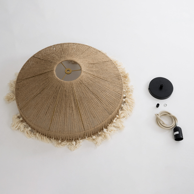 GloboStar® PUERTORICO 02098 Boho Κρεμαστό Φωτιστικό Καμπάνα Μονόφωτο 1 x E27 IP20 Μπεζ & Λευκό Σχοινί - Μ50 x Π50 x Υ25cm