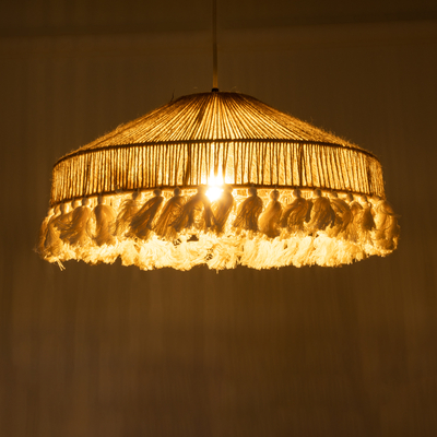 GloboStar® PUERTORICO 02098 Boho Κρεμαστό Φωτιστικό Καμπάνα Μονόφωτο 1 x E27 IP20 Μπεζ & Λευκό Σχοινί - Μ50 x Π50 x Υ25cm