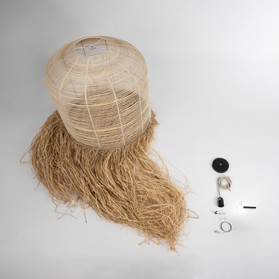 GloboStar® BASSETERRE 02163 Boho Κρεμαστό Φωτιστικό Πλέγμα Μονόφωτο 1 x E27 IP20 Μπεζ Ξύλο με Καφέ Ράφια - Μ70 x Π70 x Υ170cm