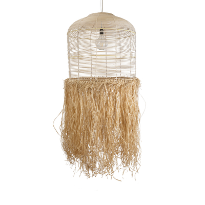 GloboStar® BASSETERRE 02163 Boho Κρεμαστό Φωτιστικό Πλέγμα Μονόφωτο 1 x E27 IP20 Μπεζ Ξύλο με Καφέ Ράφια - Μ70 x Π70 x Υ170cm