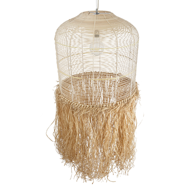 GloboStar® BASSETERRE 02163 Boho Κρεμαστό Φωτιστικό Πλέγμα Μονόφωτο 1 x E27 IP20 Μπεζ Ξύλο με Καφέ Ράφια - Μ70 x Π70 x Υ170cm