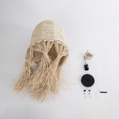 GloboStar® AREMBEPE 02178 Boho Κρεμαστό Φωτιστικό Πλέγμα Μονόφωτο 1 x E27 IP20 Μπεζ Ράφια - Μ34 x Π34 x Υ70cm