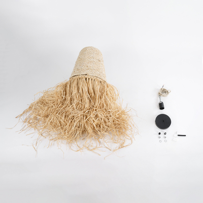 GloboStar® LETA 02189 Boho Κρεμαστό Φωτιστικό Πλέγμα Μονόφωτο 1 x E27 IP20 Μπεζ Ράφια - Μ34 x Π34 x Υ70cm