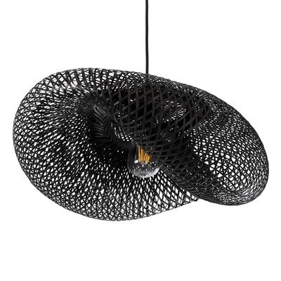 GloboStar® MEXICO 02201 Boho Κρεμαστό Φωτιστικό Πλέγμα Μονόφωτο 1 x E27 IP20 Μαύρο Ξύλο - Μ65 x Π45 x Υ18cm