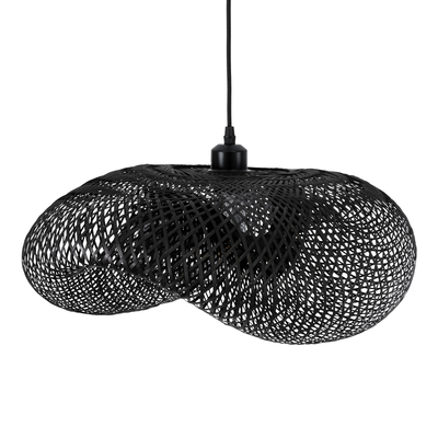 GloboStar® MEXICO 02201 Boho Κρεμαστό Φωτιστικό Πλέγμα Μονόφωτο 1 x E27 IP20 Μαύρο Ξύλο - Μ65 x Π45 x Υ18cm