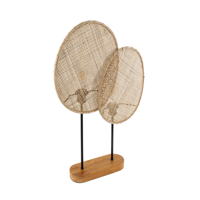 GloboStar® AZUL 02231 Boho Επιτραπέζιο Φωτιστικό Διφωτο 2 x E27 AC220-240V IP20 - Μ45 x Π11 x Υ75cm - Μπεζ Ξύλινο με Μαύρο Μεταλλικό και Μπεζ Ξύλινο Πλέγμα