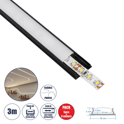 GloboStar® CURVED-PROFILE 70804-3M Προφίλ Αλουμινίου - Βάση & Ψύκτρα Ταινίας LED με Λευκό Γαλακτερό Κάλυμμα - Επιφανειακή Χρήση - Εύκαμπτο με Δυνατότητα Κυρτής Τοποθέτησης - Πατητό Κάλυμμα - Μαύρο - 3 Μέτρα - Πακέτο 5 Τεμαχίων - Μ300 x Π1.8 x Υ0.5cm