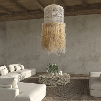 GloboStar® BASSETERRE 02163 Boho Κρεμαστό Φωτιστικό Πλέγμα Μονόφωτο 1 x E27 IP20 Μπεζ Ξύλο με Καφέ Ράφια - Μ70 x Π70 x Υ170cm