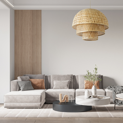 GloboStar® HIROKA 01836 Boho Κρεμαστό Φωτιστικό Πλέγμα Μονόφωτο 1 x E27 IP20 Μπεζ Ξύλο - Μ60 x Π60 x Υ50cm