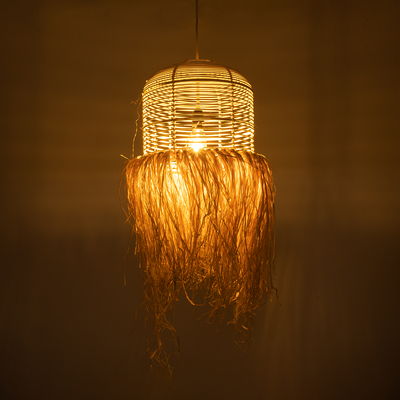 GloboStar® BASSETERRE 02162 Boho Κρεμαστό Φωτιστικό Πλεγμα Μονόφωτο 1 x E27 IP20 Μπεζ Ξύλο - Μ35 x Π35 x Υ60cm