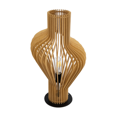 GloboStar® MIHIRO 02176 Boho Επιτραπέζιο Φωτιστικό Μονόφωτο 1 x E27 AC220-240V IP20 - Φ33 x Υ57cm - Καφέ Ξύλινο με Μαύρη Μεταλλική Βάση Πλέγμα