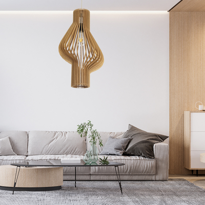 GloboStar® MIHIRO 02172 Boho Κρεμαστό Φωτιστικό Πλέγμα Μονόφωτο 1 x E27 IP20 Μπεζ Ξύλο - Μ32 x Π32 x Υ56cm