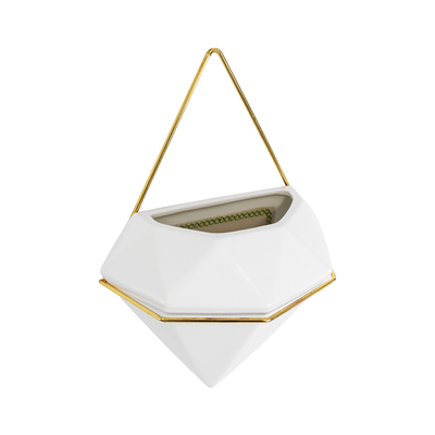 GloboStar® Artificial Garden LOUVRE 20534 Διακοσμητικό Κεραμικό Κασπώ Γλάστρα - Flower Pot Λευκό με Χρυσό Μ20 x Π10.5 x Υ30cm