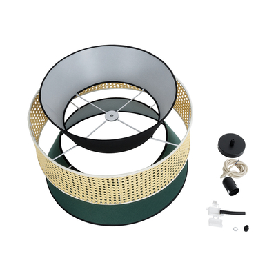 GloboStar® SAIGE 01916 Boho Κρεμαστό Φωτιστικό Πλέγμα Μονόφωτο 1 x E27 IP20 Μπεζ Ξύλο με Μαύρο & Πράσινο Ύφασμα - Μ50 x Π50 x Υ36cm