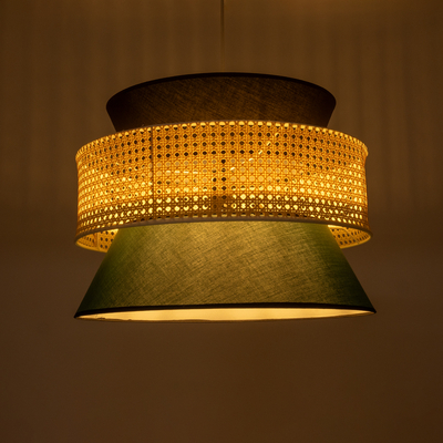 GloboStar® SAIGE 01916 Boho Κρεμαστό Φωτιστικό Πλέγμα Μονόφωτο 1 x E27 IP20 Μπεζ Ξύλο με Μαύρο & Πράσινο Ύφασμα - Μ50 x Π50 x Υ36cm