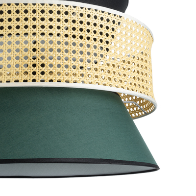 GloboStar® SAIGE 01916 Boho Κρεμαστό Φωτιστικό Πλέγμα Μονόφωτο 1 x E27 IP20 Μπεζ Ξύλο με Μαύρο & Πράσινο Ύφασμα - Μ50 x Π50 x Υ36cm