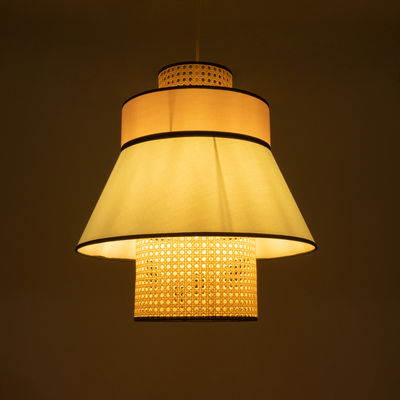 GloboStar® SAIGE 01920 Boho Κρεμαστό Φωτιστικό Πλέγμα Μονόφωτο 1 x E27 IP20 Μπεζ Ξύλο με Πολύχρωμο Ύφασμα - Μ50 x Π50 x Υ54cm