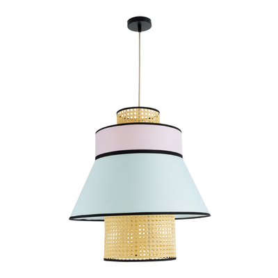 GloboStar® SAIGE 01920 Boho Κρεμαστό Φωτιστικό Πλέγμα Μονόφωτο 1 x E27 IP20 Μπεζ Ξύλο με Πολύχρωμο Ύφασμα - Μ50 x Π50 x Υ54cm