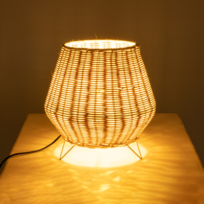 GloboStar® BOLSON 02010 Boho Επιδαπέδιο Φωτιστικό Μονόφωτο 1 x E27 IP20 Μπεζ Ξύλο με Λευκό Μέταλλο - Μ30 x Π30 x Υ30cm