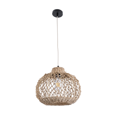 GloboStar® ECUADOR 02115 Boho Κρεμαστό Φωτιστικό Πλέγμα Μονόφωτο 1 x E27 IP20 Μπεζ Rattan - Μ35 x Π35 x Υ28cm