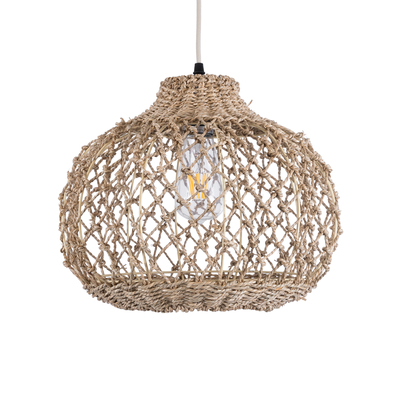 GloboStar® ECUADOR 02115 Boho Κρεμαστό Φωτιστικό Πλέγμα Μονόφωτο 1 x E27 IP20 Μπεζ Rattan - Μ35 x Π35 x Υ28cm