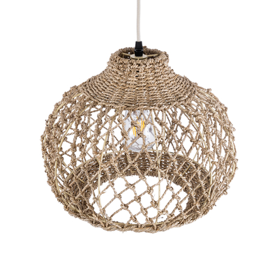 GloboStar® ECUADOR 02115 Boho Κρεμαστό Φωτιστικό Πλέγμα Μονόφωτο 1 x E27 IP20 Μπεζ Rattan - Μ35 x Π35 x Υ28cm